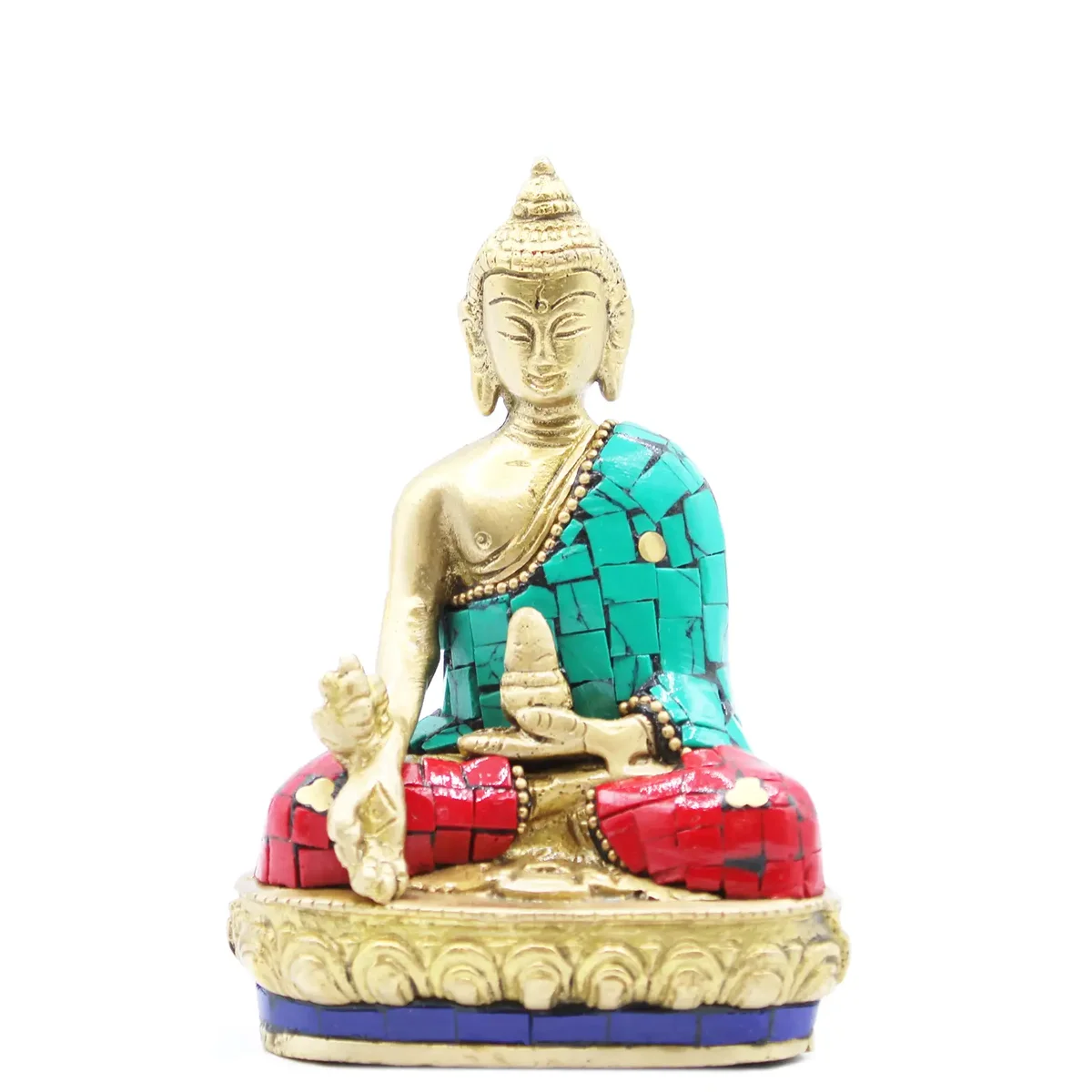 Brass Buddha ornament 11.5 cm sitting with hands down on a plain white background