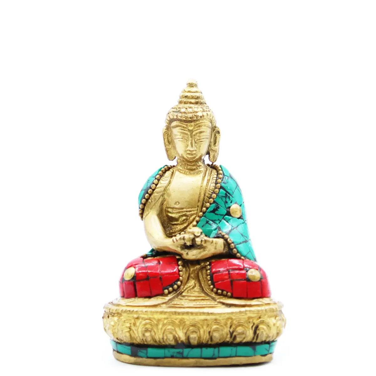 Brass Amitabha Buddha statue 9.5 cm tall showing seated figure with serene expression and detailed robes