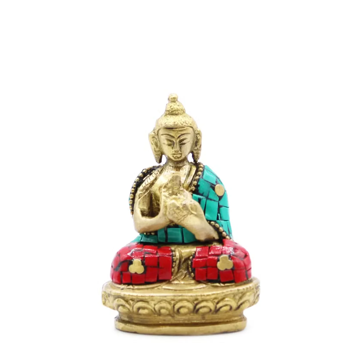 Small 7.5cm brass Buddha blessing figure showing seated Buddha with hands in a blessing gesture on plain background