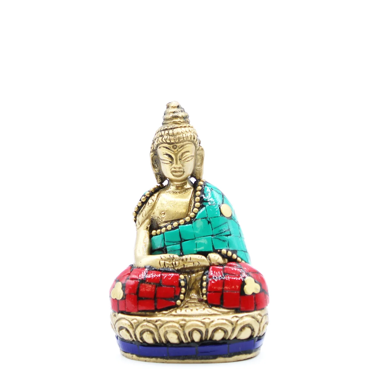 Small 7.5 cm brass hands up Buddha statue shown from the front on a plain background