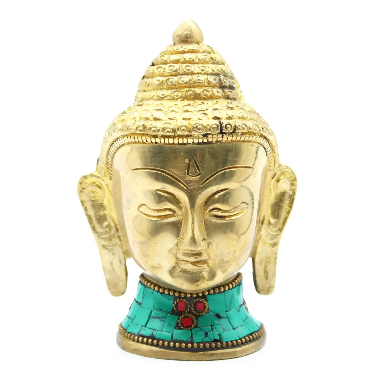Brass large Buddha ornament with a large head, 11.5 cm tall, detailed facial features and smooth finish