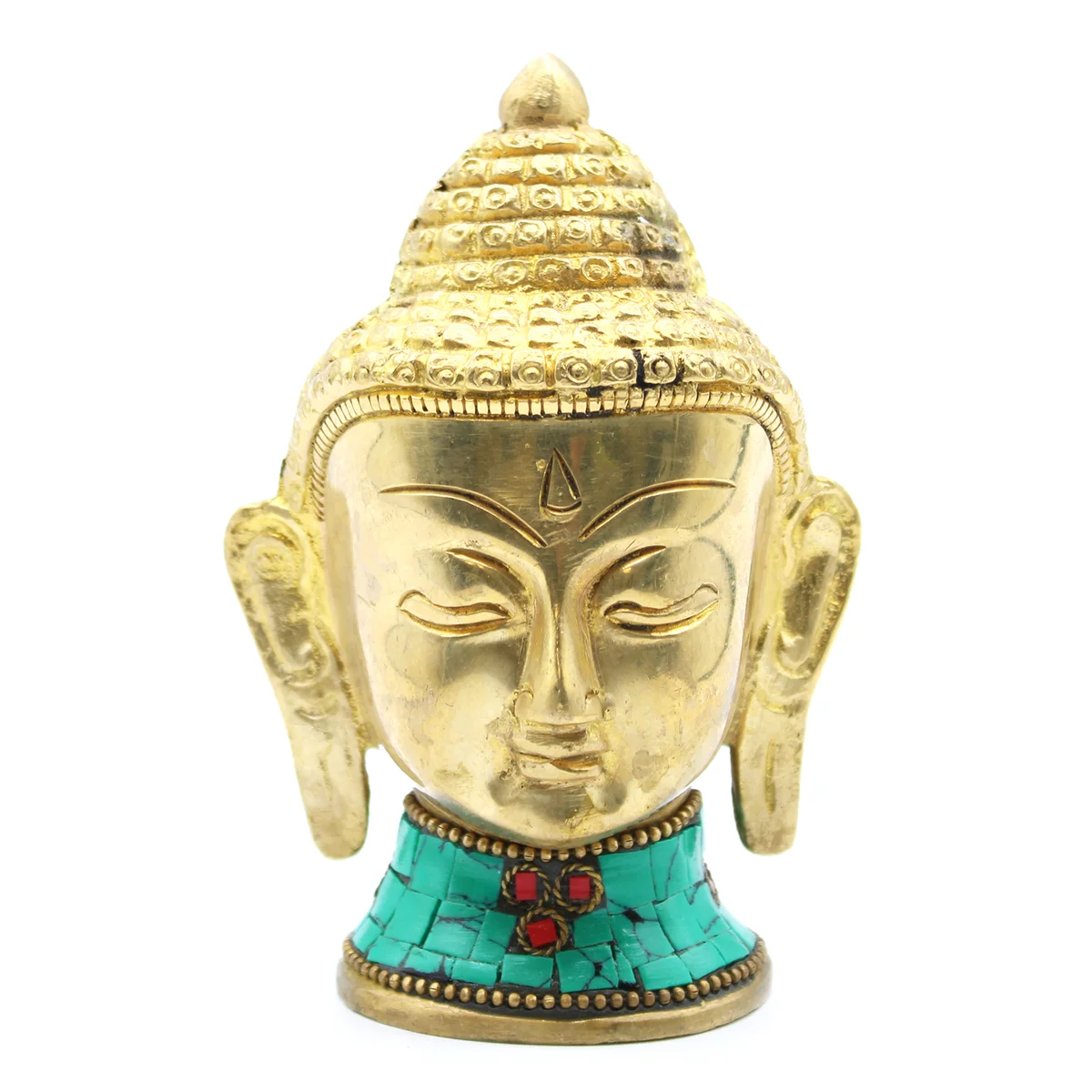 Large head brass Buddha statue measuring 11.5 cm, detailed and polished finish on a white background