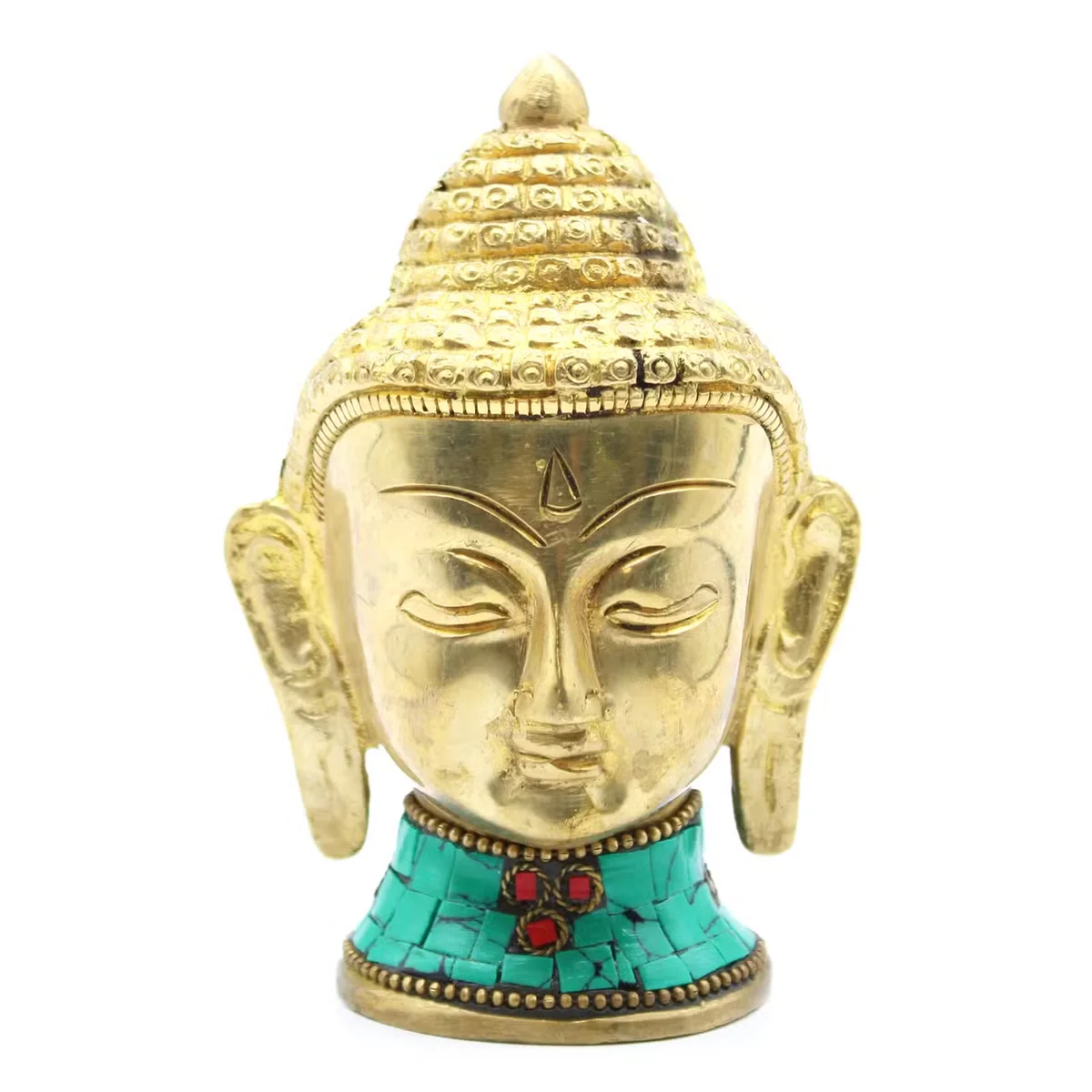 Large brass Buddha head figurine measuring 11.5 cm with detailed facial features on a plain background