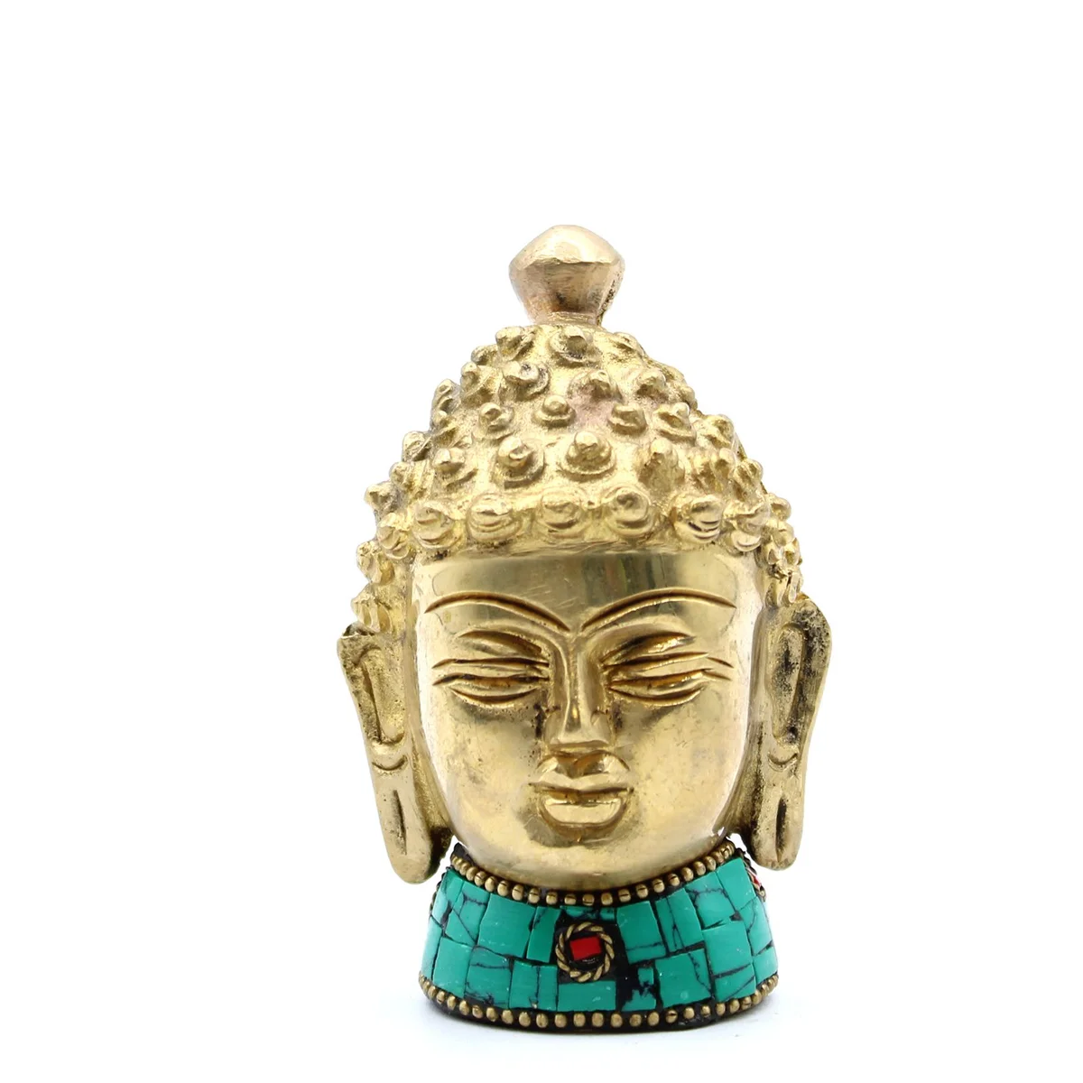 Brass Buddha figure showing meditating head, 8 cm tall, detailed facial features and textured hair curls