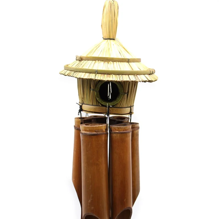 Large round seagrass bird box with hanging chimes, measuring 56x20cm, natural woven texture bird box with chimes