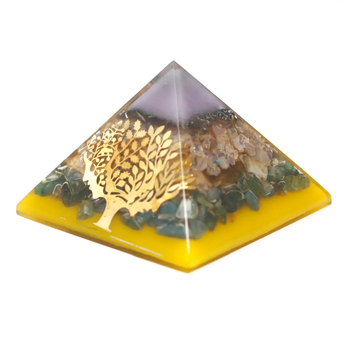Large organite pyramid 70mm with tree design and gold base on a white background