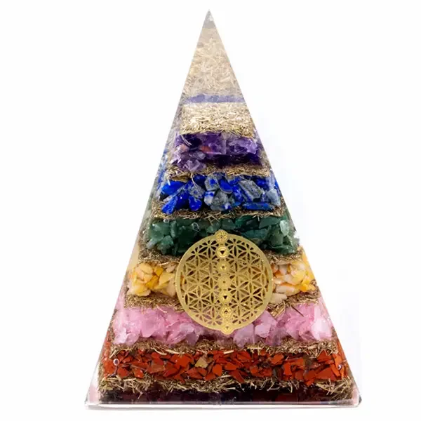 70mm seven chakra pyramid with orgonite material featuring the Flower of Life design