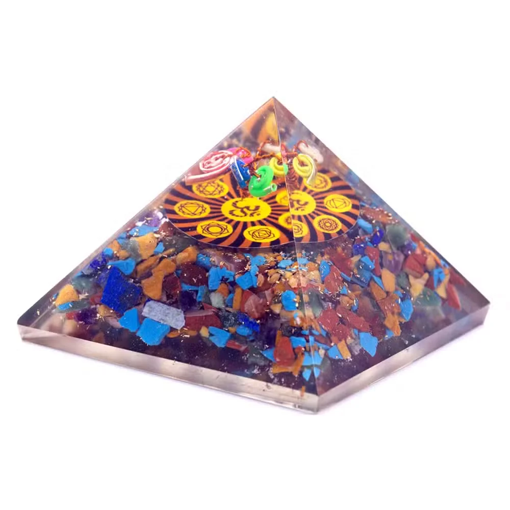 Orgonite pyramid ornament with Om Chakra design, 70 mm spiritual pyramid ornament in clear resin with metal inclusions