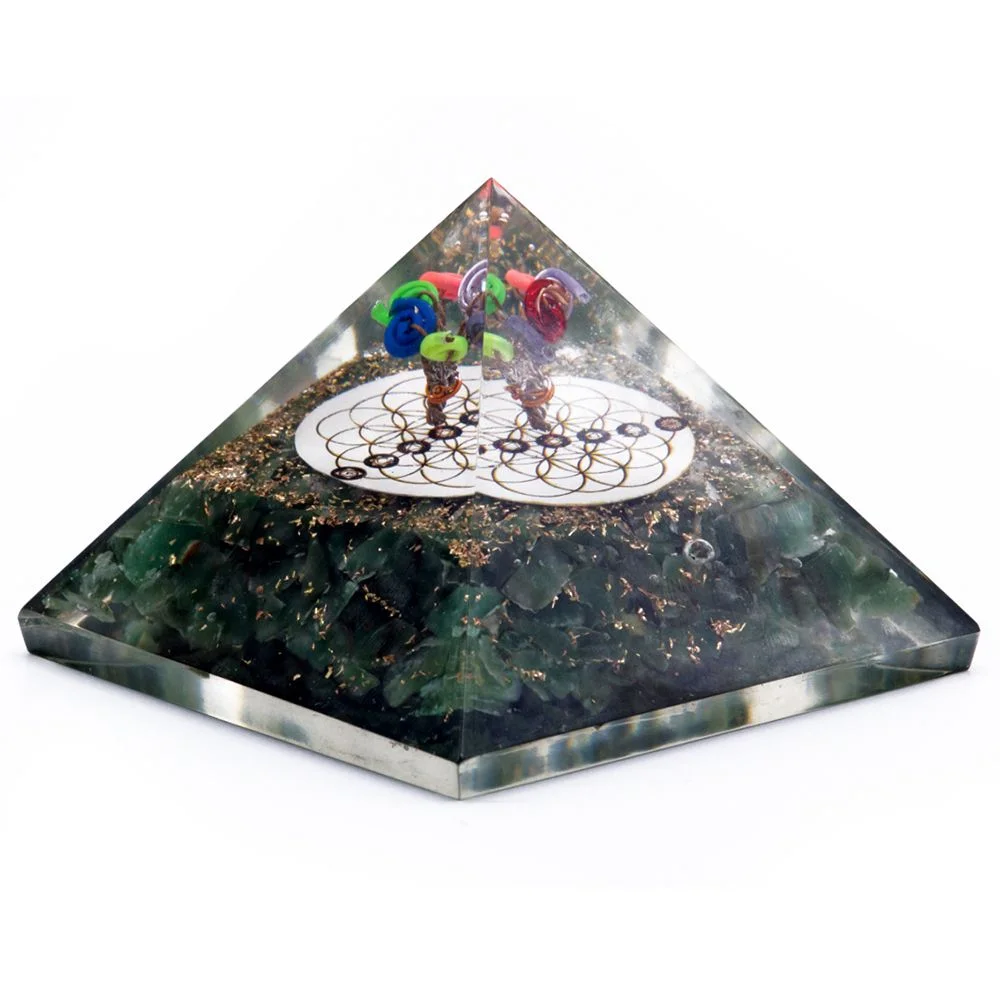 Green orgonite pyramid with acewnturine stones and flower of life design, 70 mm size