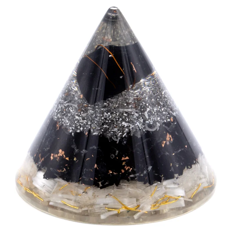 Orgonite cone featuring selenite and black tourmaline with copper accents, measuring 90 mm tall on white background