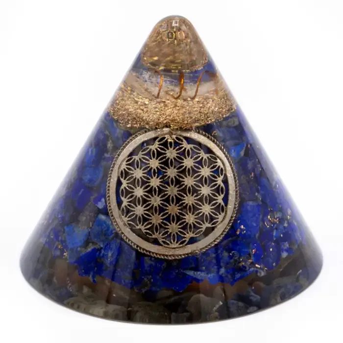 Lapis orgonite cone with suspended quartz and flower of life design, 90 mm tall, blue and clear resin layers
