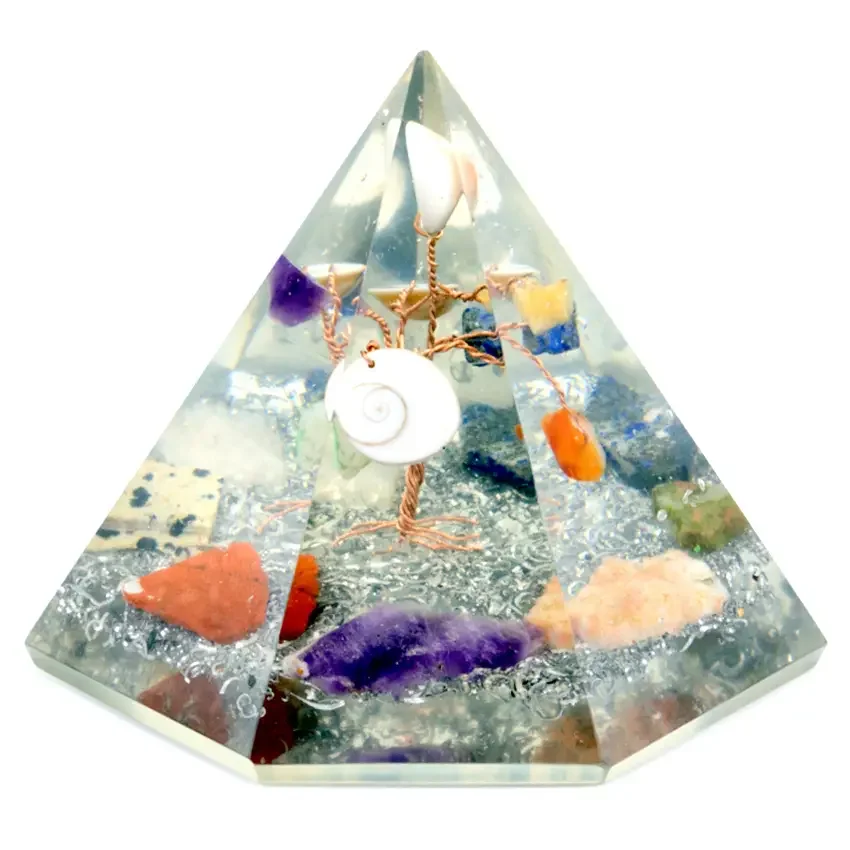 Orgonite 7 sided pyramid with embedded gemstone wisdom tree design, 90 mm size, clear and colorful resin structure