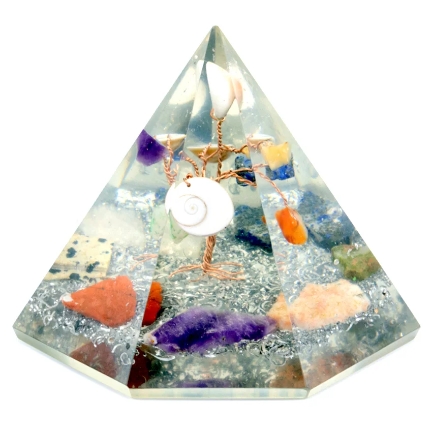 Seven-sided orgonite gemstone pyramid with embedded wisdom tree design, measuring 90 mm tall on white background