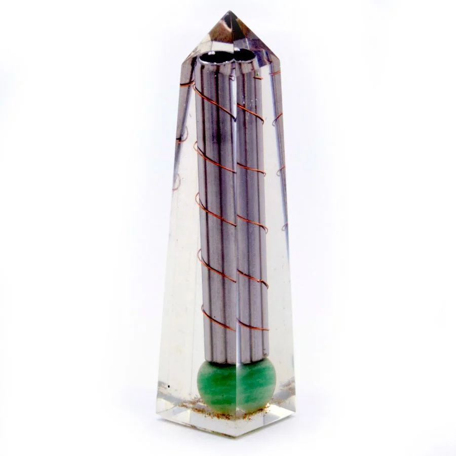 Orgonite obelisk green aventurine crystal power point, 110x30 mm, smooth polished surface on white background