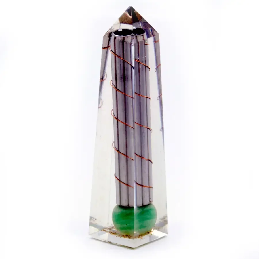 Green aventurine obelisk orgonite power point measuring 110 by 30 millimeters on a white background