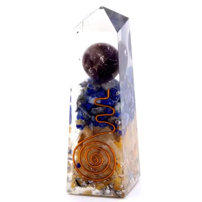 Orgonite obelisk power point featuring copper, lapis, and yellow aventurine decor, measuring 90x25 mm