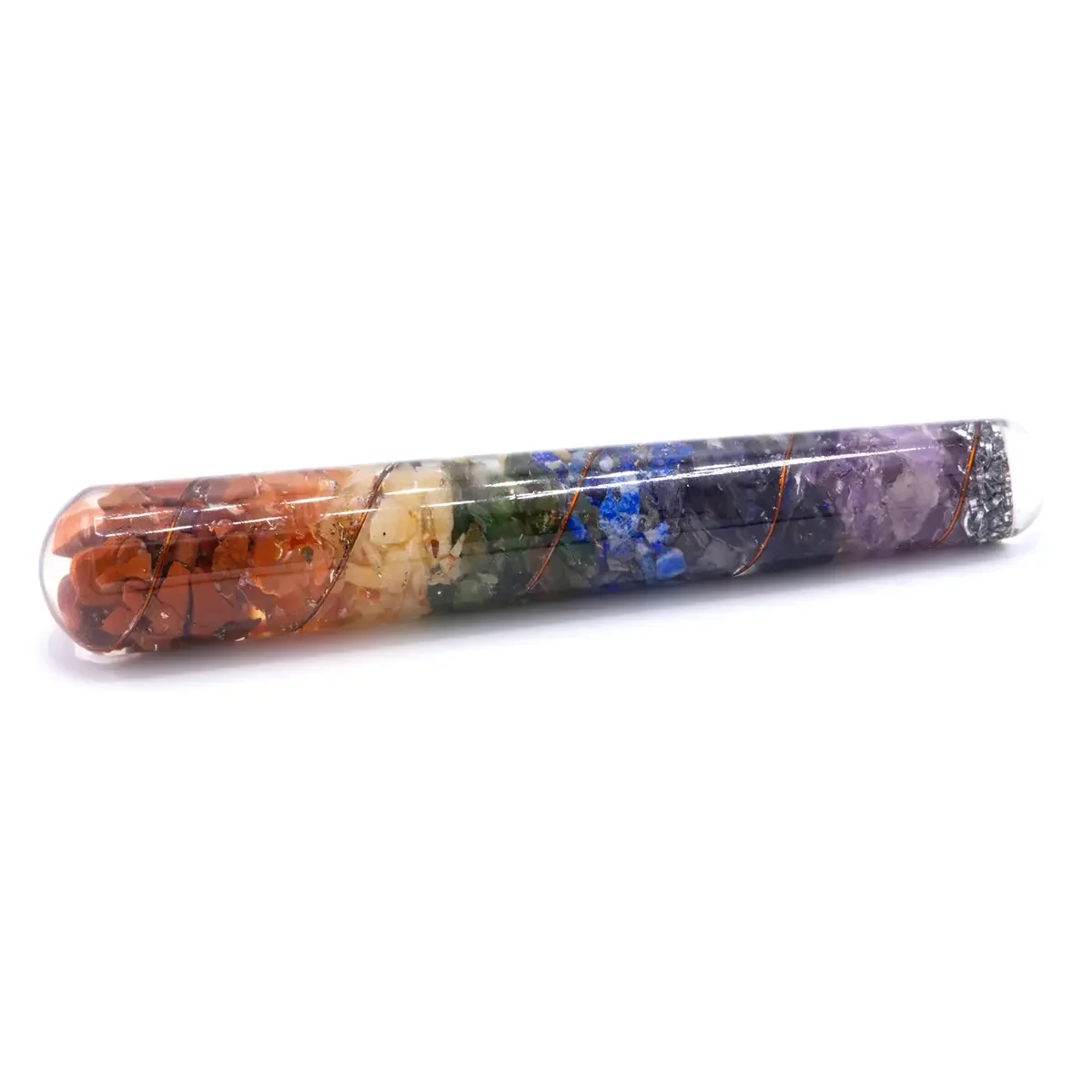 Orgonite chakra healing wand with copper accents, measuring 140 by 30 mm on a white background