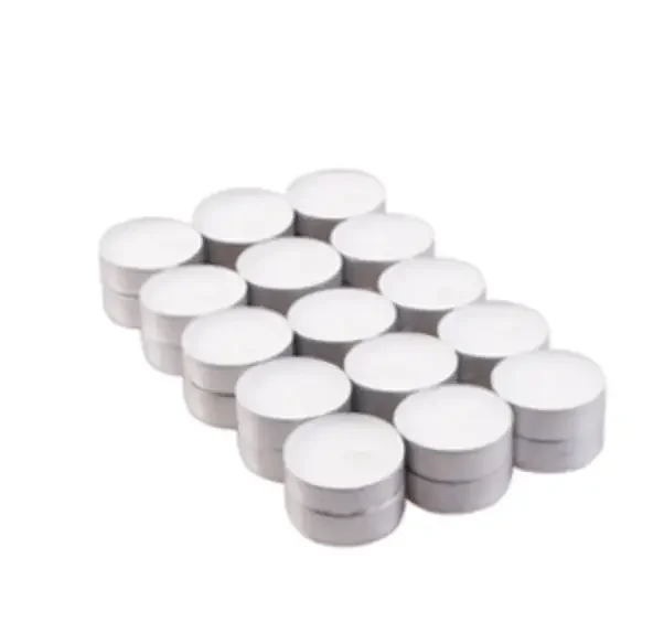 Pack of 30 unscented tea light candles 4 hour burn time arranged in a grid on a white background