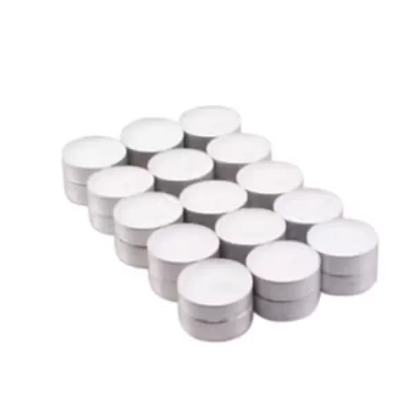 Thirty unscented long burn tealight candles arranged closely on a white background, each with a silver holder.