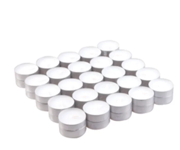 Pack of 50 unscented tealight candles with 4-hour burn time arranged in rows on a white background