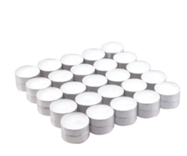 Pack of 50 unscented long lasting tealights with 4-hour burn time arranged in rows on a white background