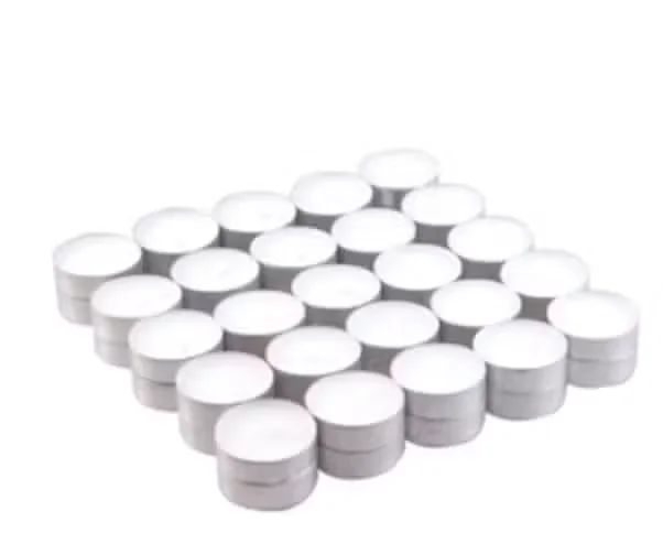Pack of 50 unscented 4 hour tealight candles in silver holders arranged on a white background
