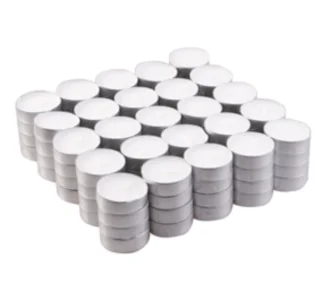 Stack of 100 unscented tealight candles in silver holders for 4-hour burn time on white background