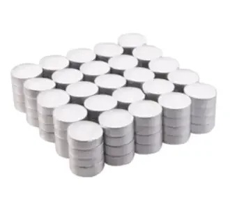 100 pack tealight candles stacked, unscented, white wax in metal cups with 4-hour burn time visible