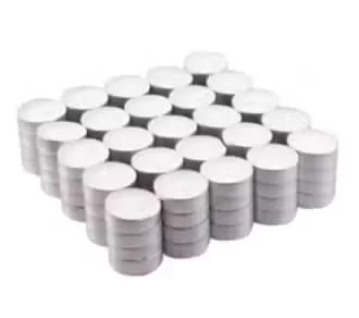 Stack of 100 unscented tea lights in metal cups with white wax, designed for 4-hour burn time
