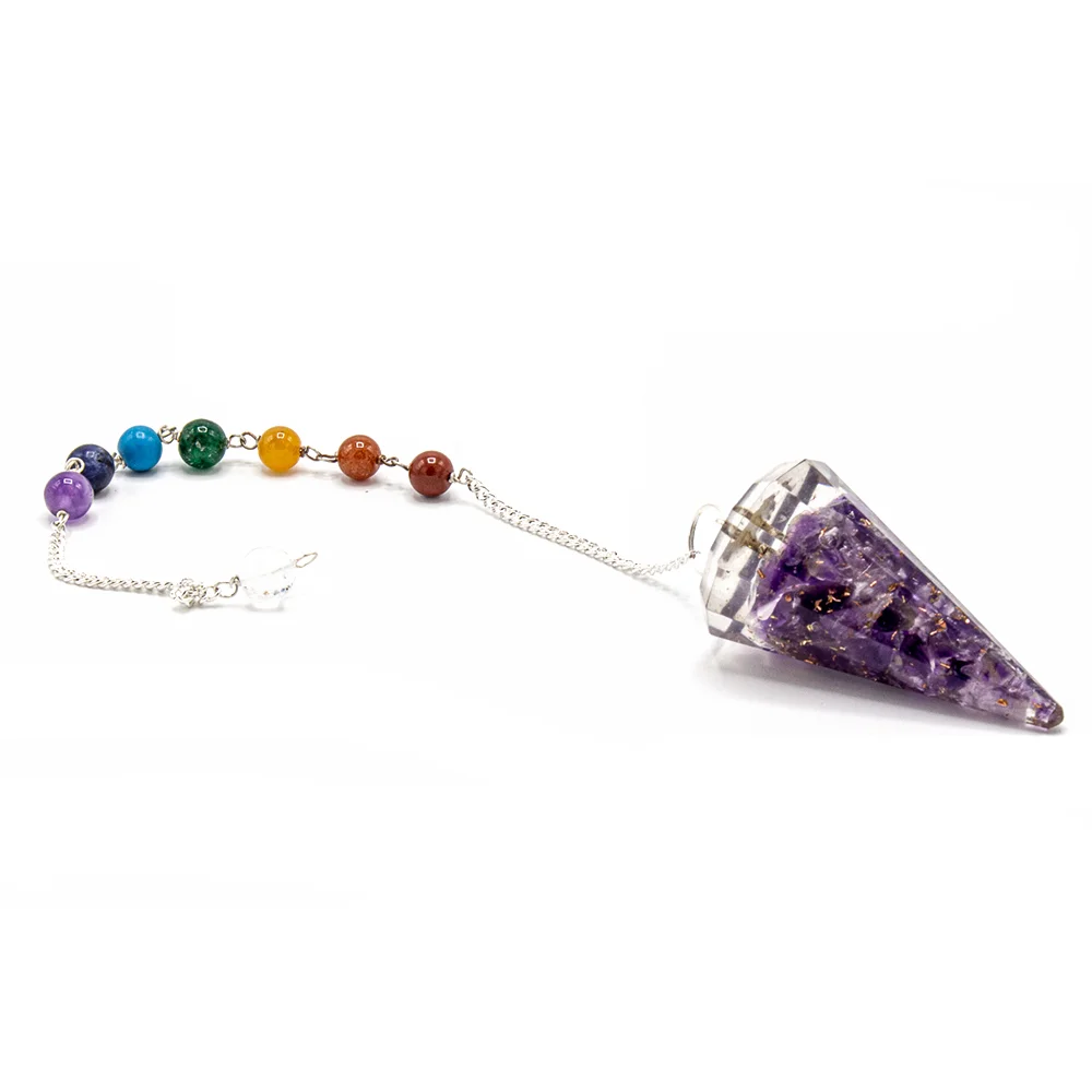 Orgonite Amethyst chakra healing pendulum with purple crystal and metal chain on white background