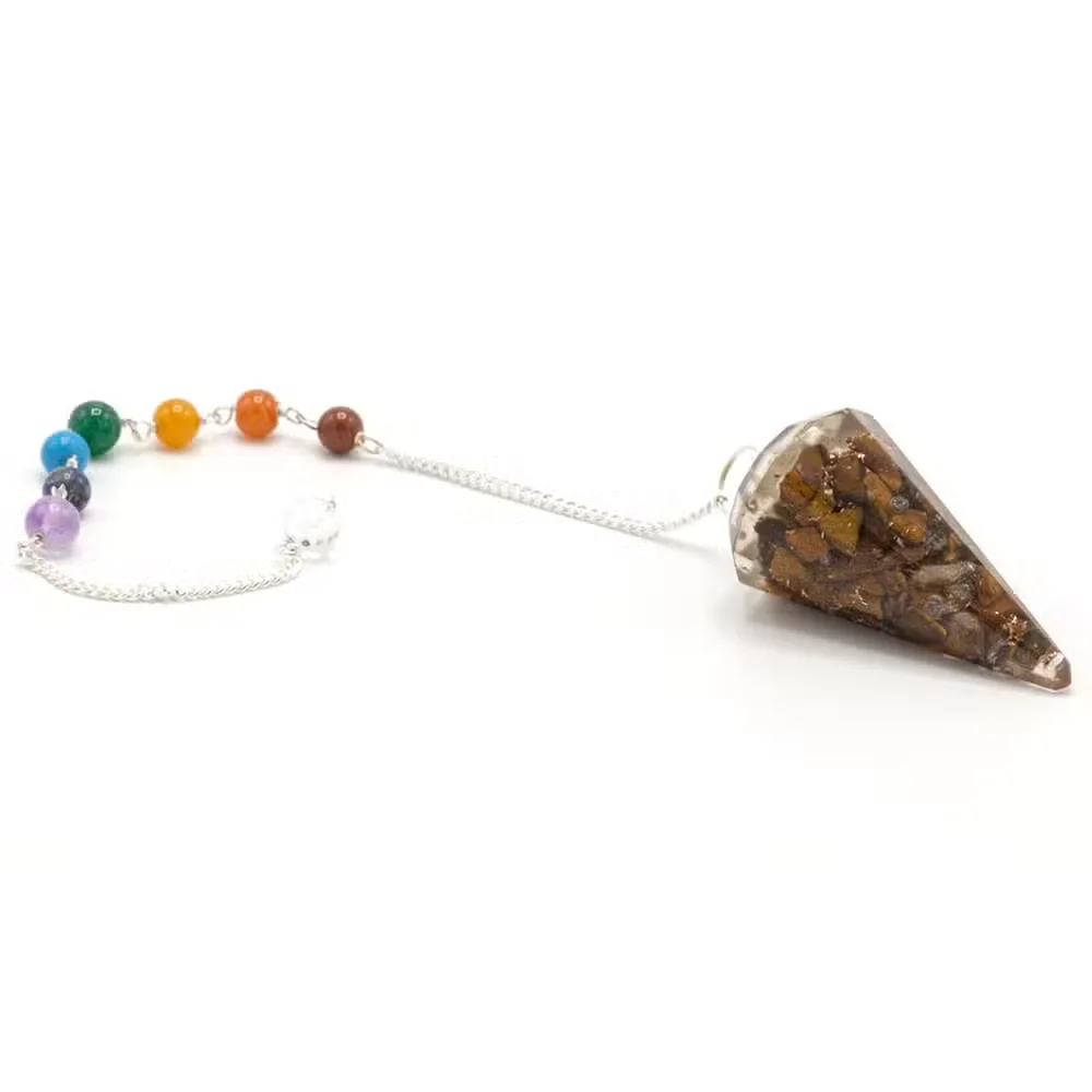 Orgonite energy tool tiger eye pendulum with chakra design, polished stone and metal chain for spiritual use