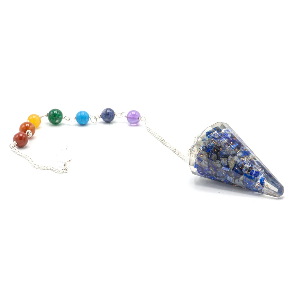 Orgonite power pendulum with blue lapis stone, shaped as a chakra energy tool for spiritual use