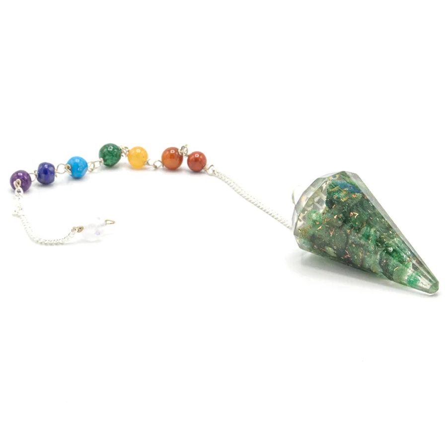 Green Aventurine chakra healing pendulum with orgonite power, showing smooth polished stone and metal chain detail