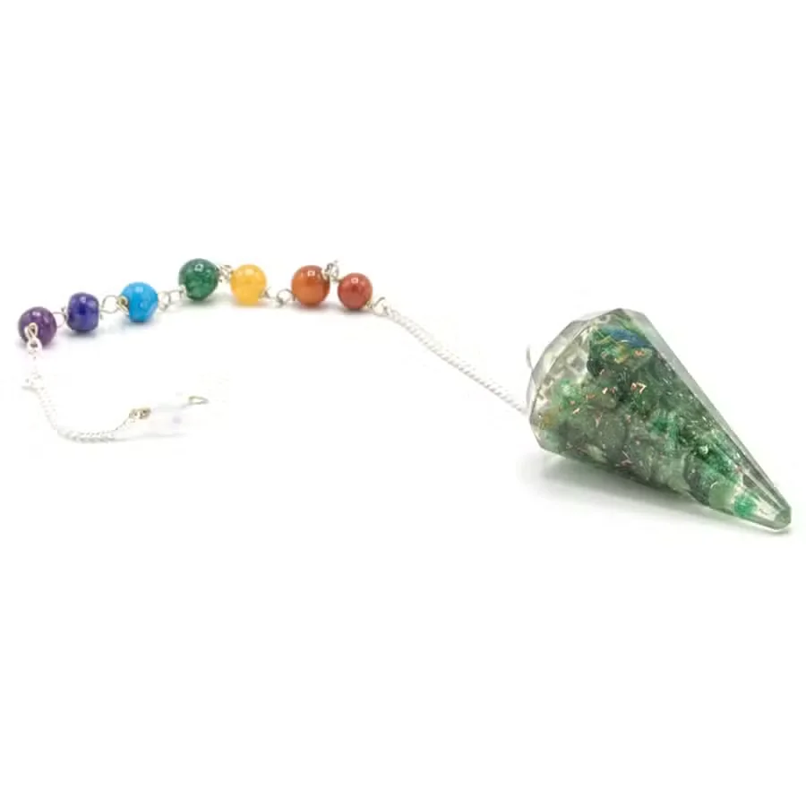 Green Aventurine orgonite energy tool chakra pendulum with layered orgonite and metal chain on white background
