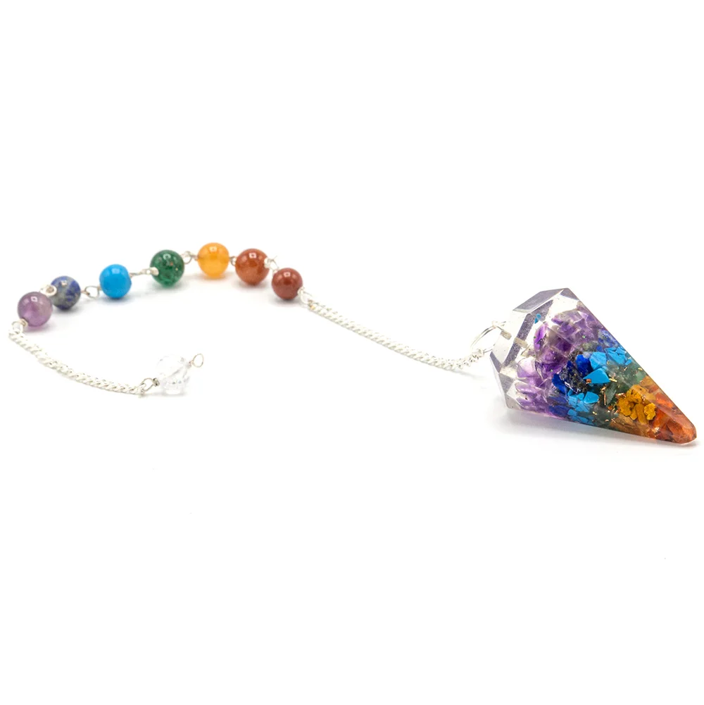 Orgonite power chakra pendulum with colorful chakra stones, a spiritual orgonite energy tool for energy balancing