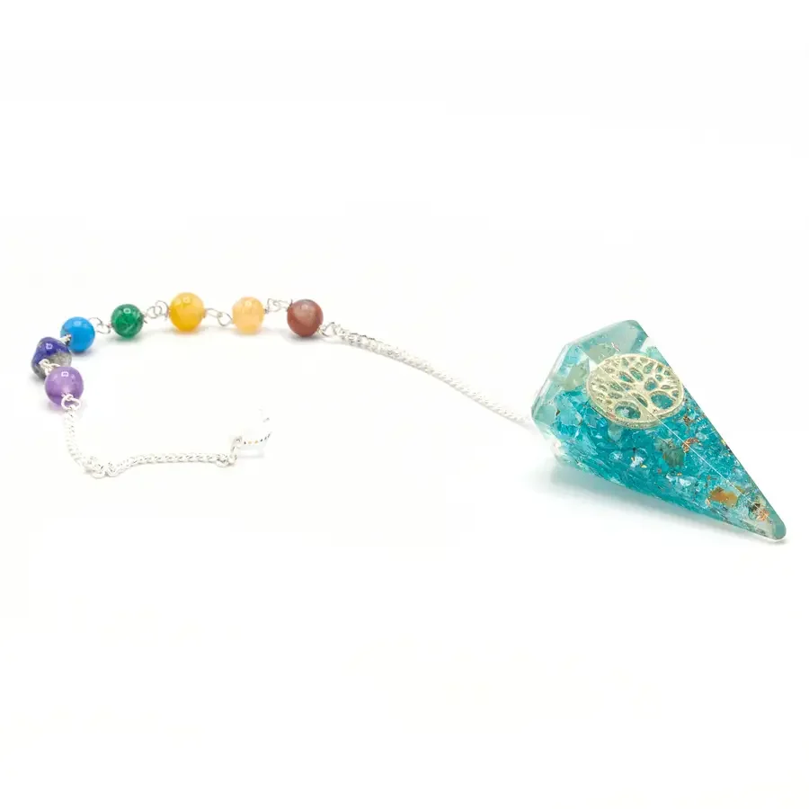 Orgonite power chakra pendulum featuring a Tree of Life design with colorful chakra stones on a chain