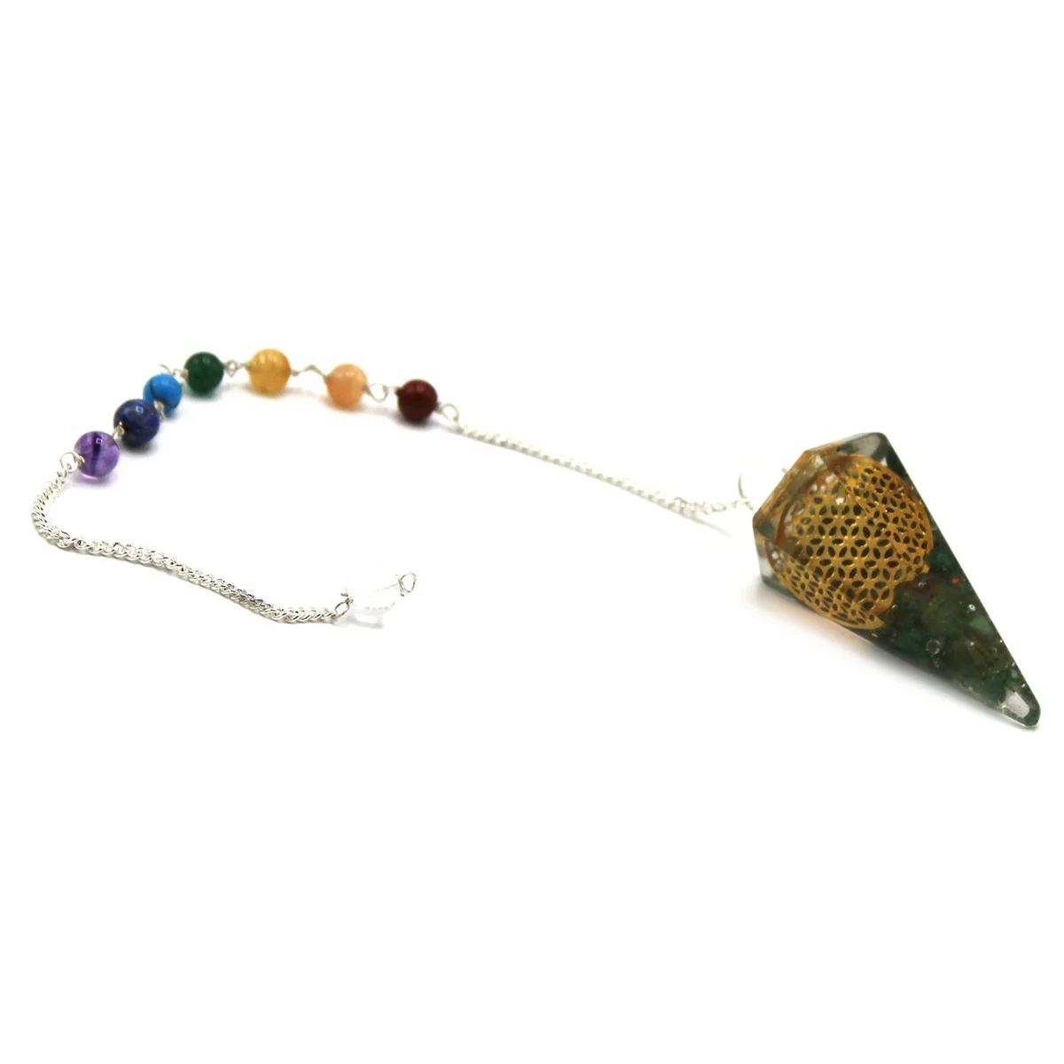 Orgonite chakra pendulum with Flower of Life design, featuring colorful chakra stones and a metal chain on white background