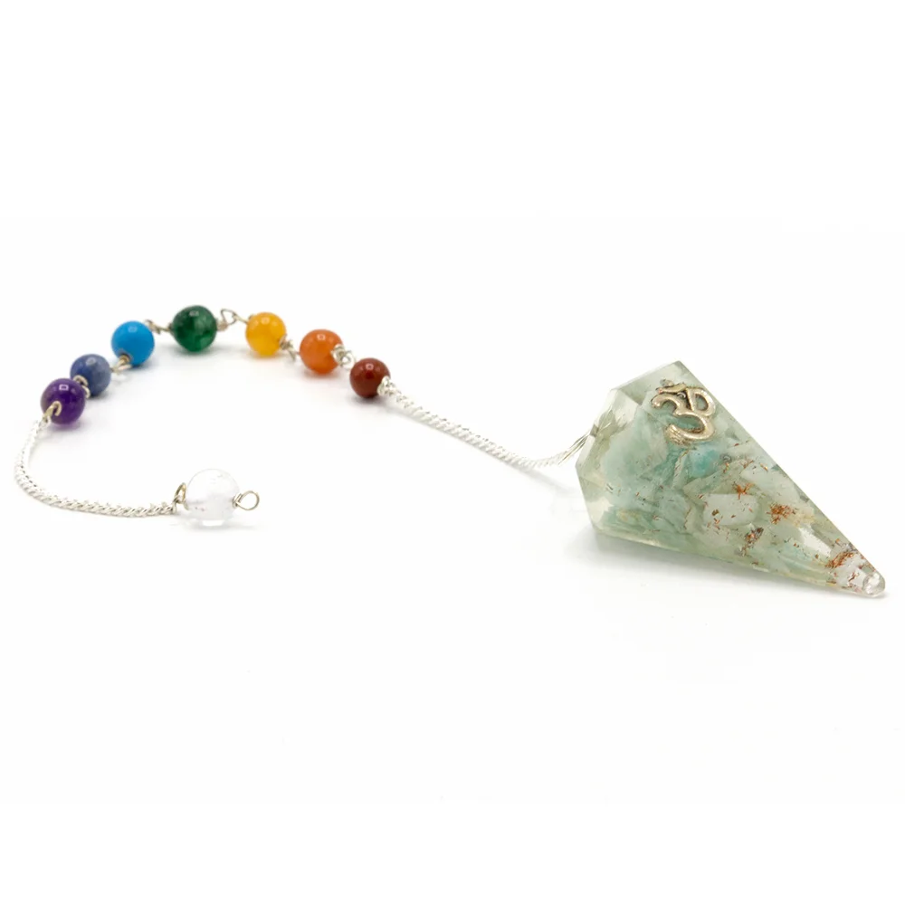 Orgonite power chakra pendulum with Om symbol, featuring layered orgonite resin and colorful chakra stones on a chain