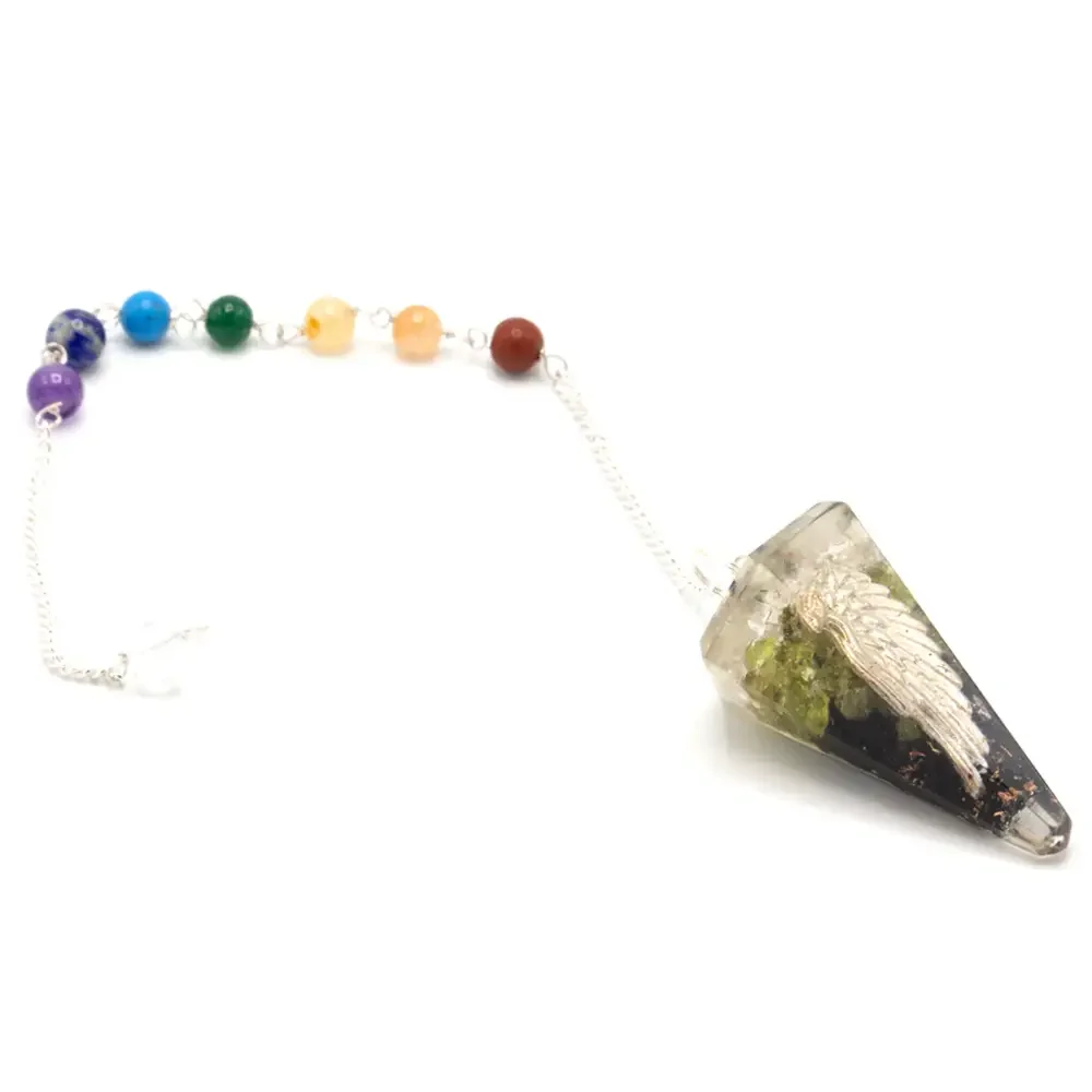Orgonite power chakra pendulum angel wing with multicolored stones and silver chain for energy balancing and healing