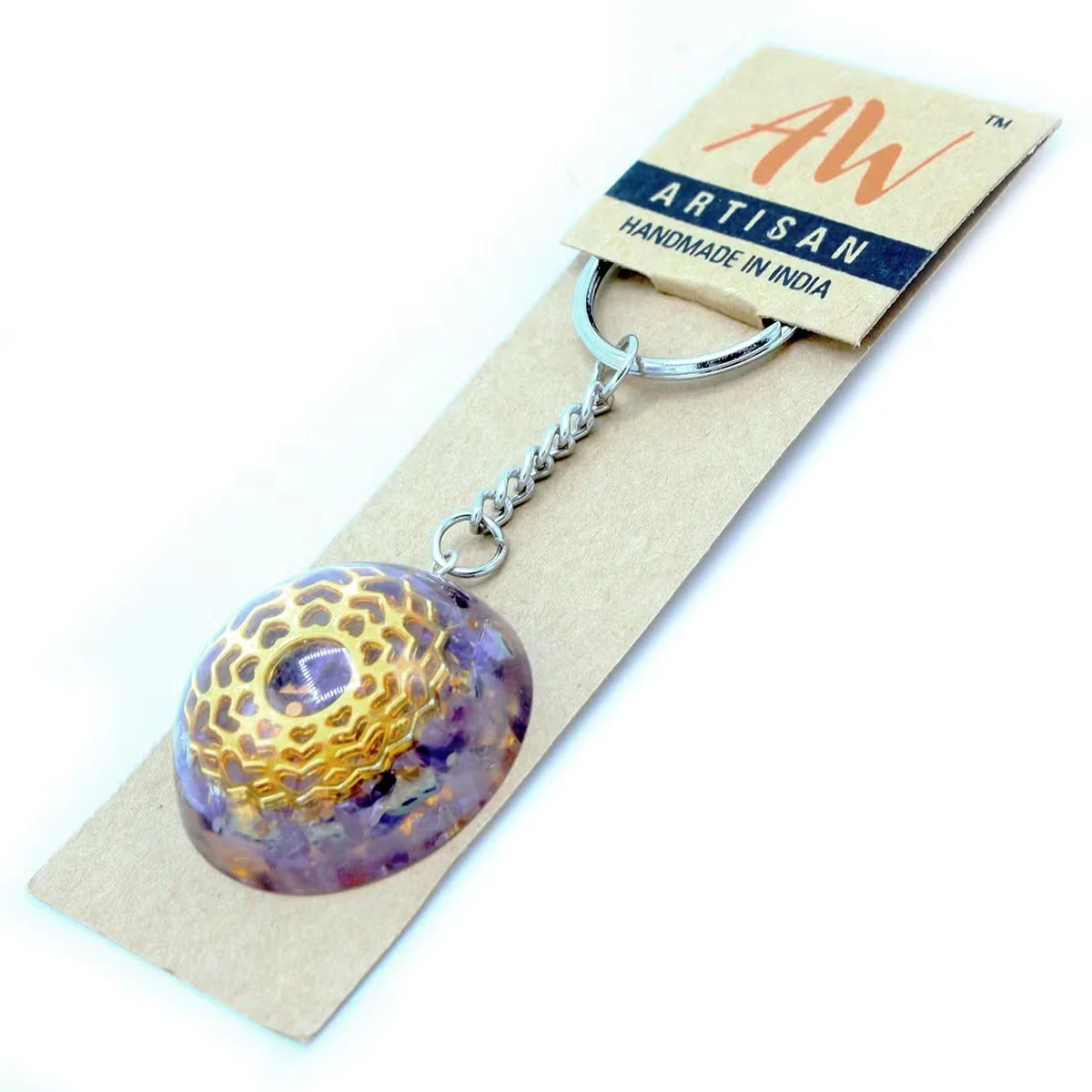 Orgonite power keyring with purple amethyst mandala hearts design spiritual keychain on white background