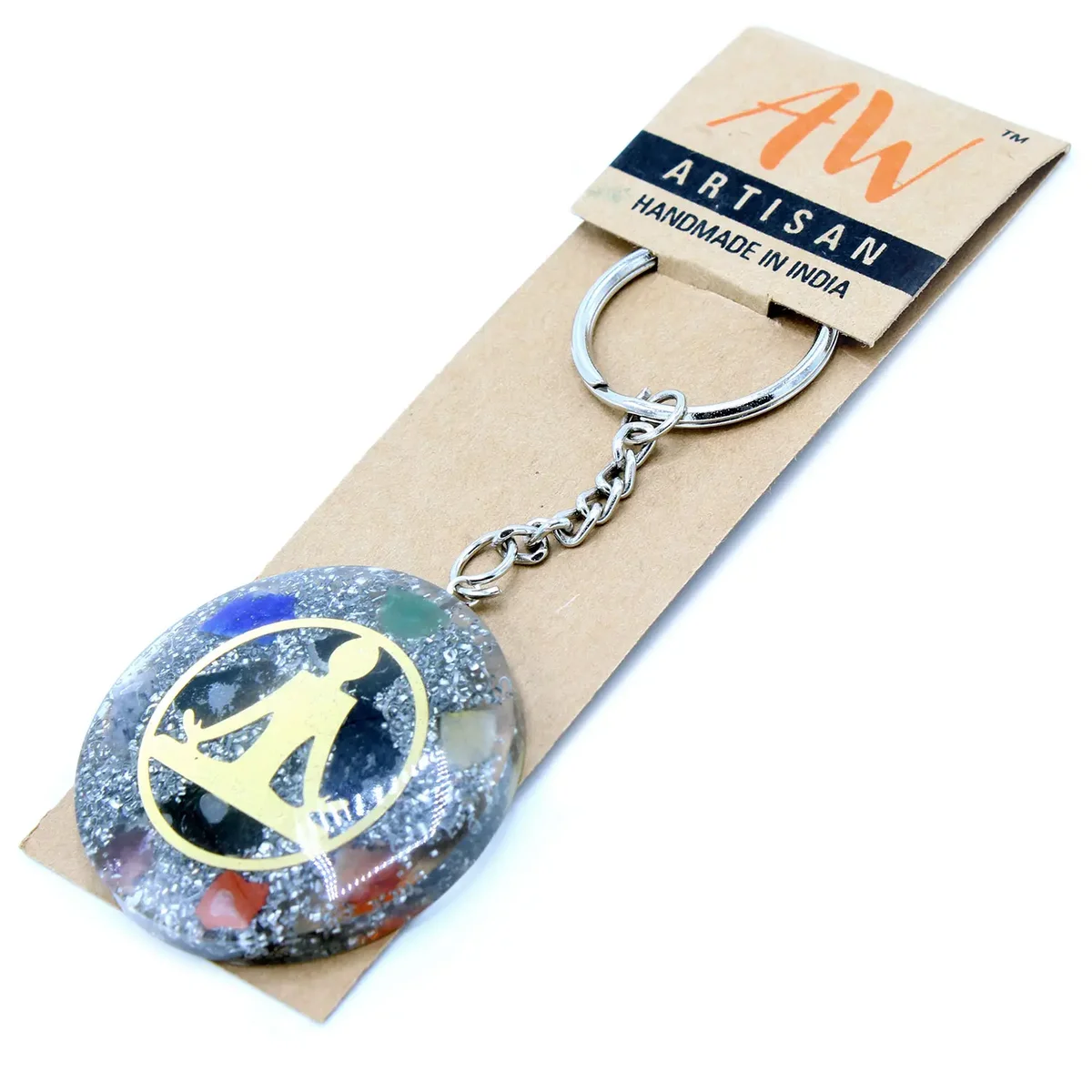 Orgonite power keyring featuring Buddha figure with seven colorful chakra stones, buddha chakra keyring design