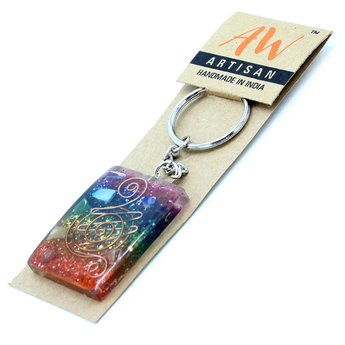 Copper chakra keyring with orgonite power design for home protection, featuring vibrant chakra colors and copper elements