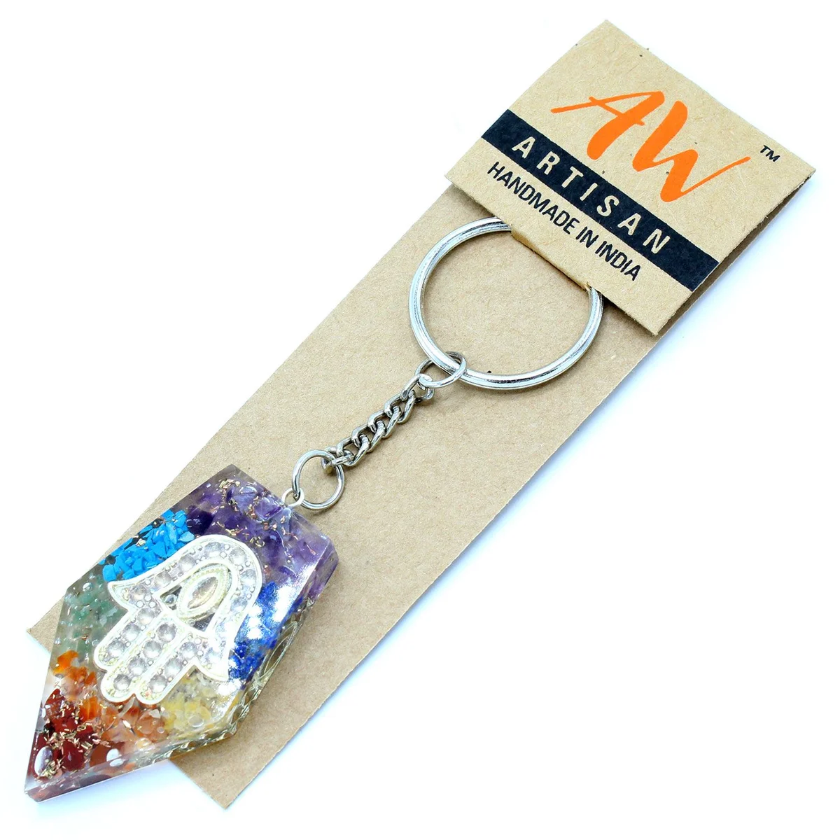 Orgonite power keyring featuring a gemstone chakra Hamsa charm on a metal keyring loop against white background