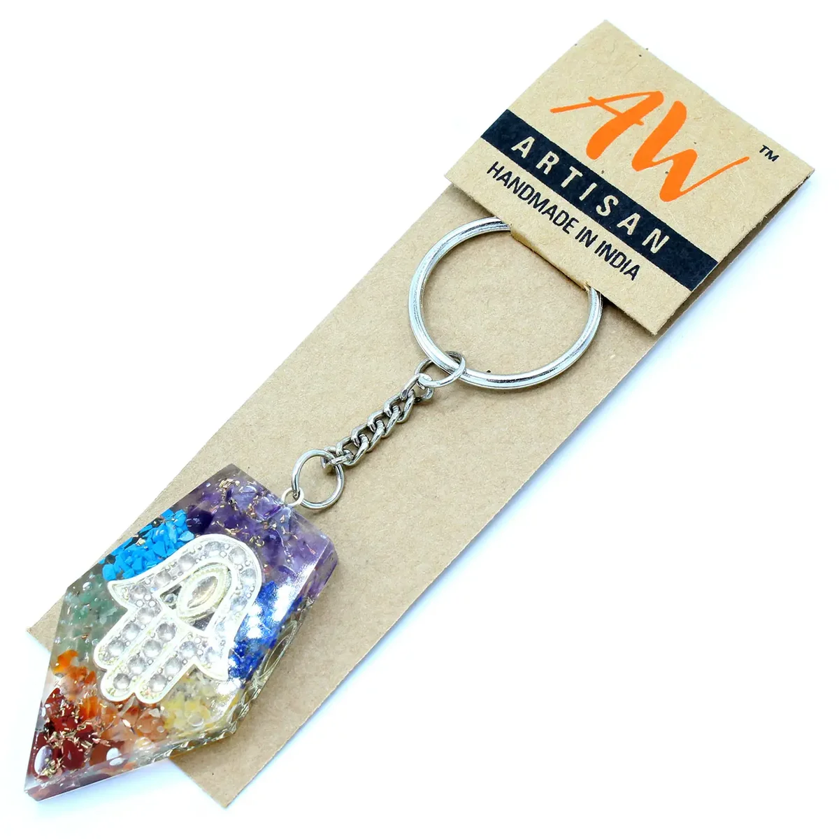 Orgonite power keyring featuring a gemstone chakra design with a Hamsa symbol on a metal ring