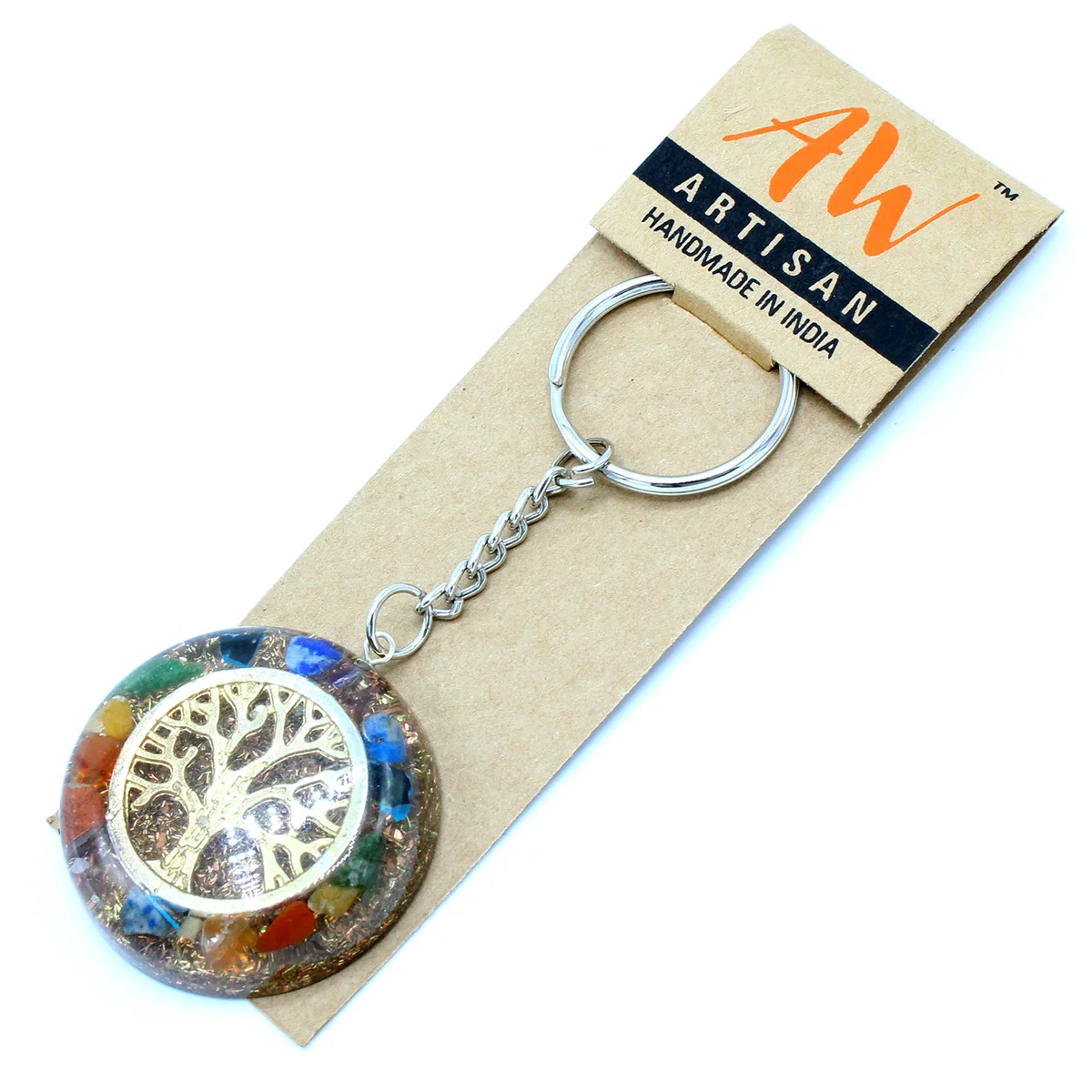 Orgonite power tree of life keyring with colorful gemstones arranged in a chakra design on a metal ring