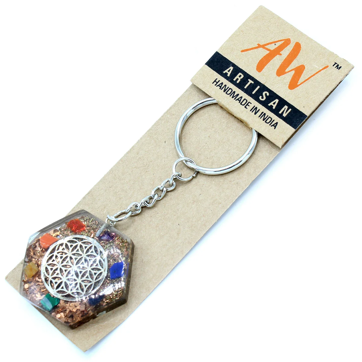 Orgonite power octagon keychain featuring a flower of life design in vibrant colors on a metal ring