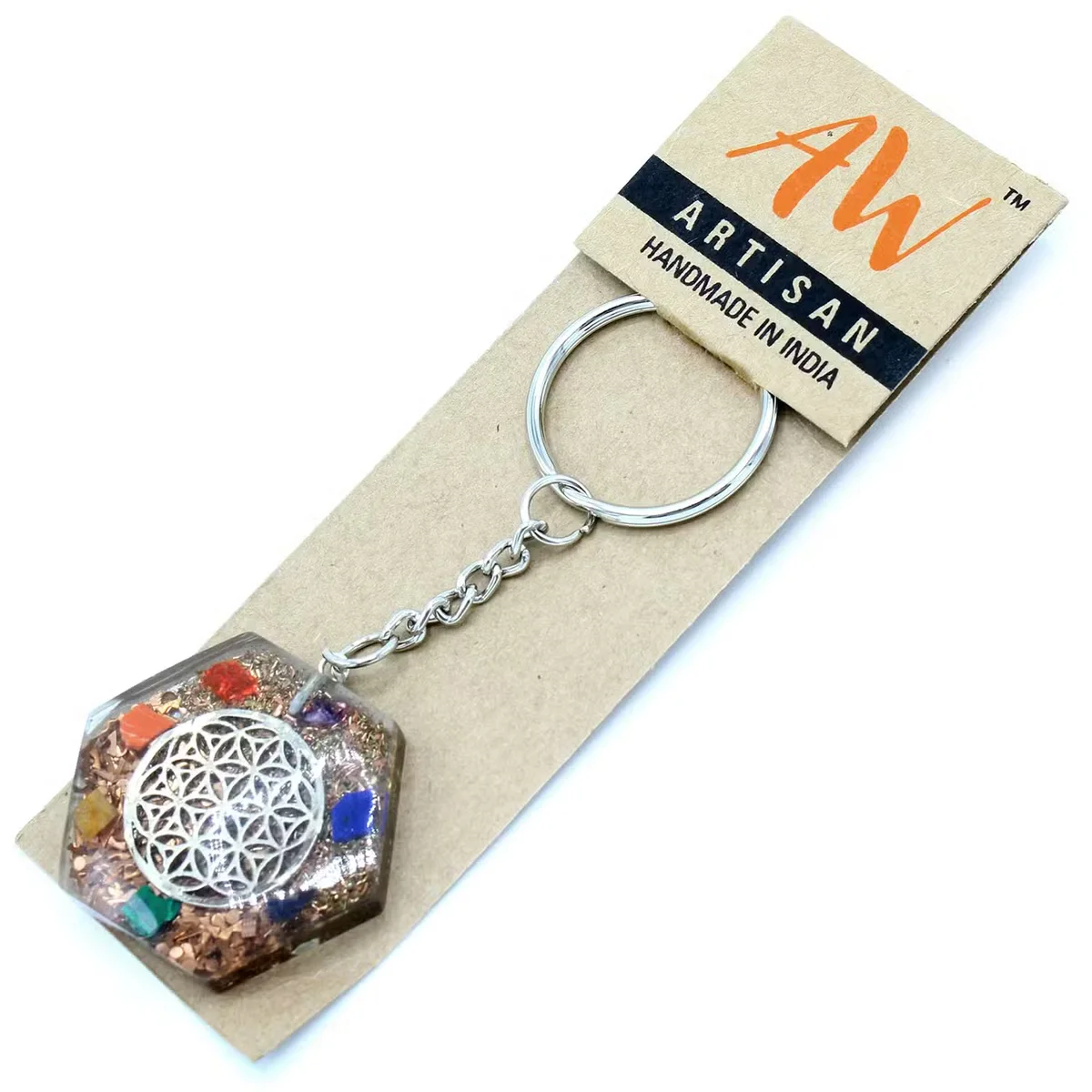 Orgonite power symbol keyring shaped as an octagon with a Flower of Life design in vibrant colors