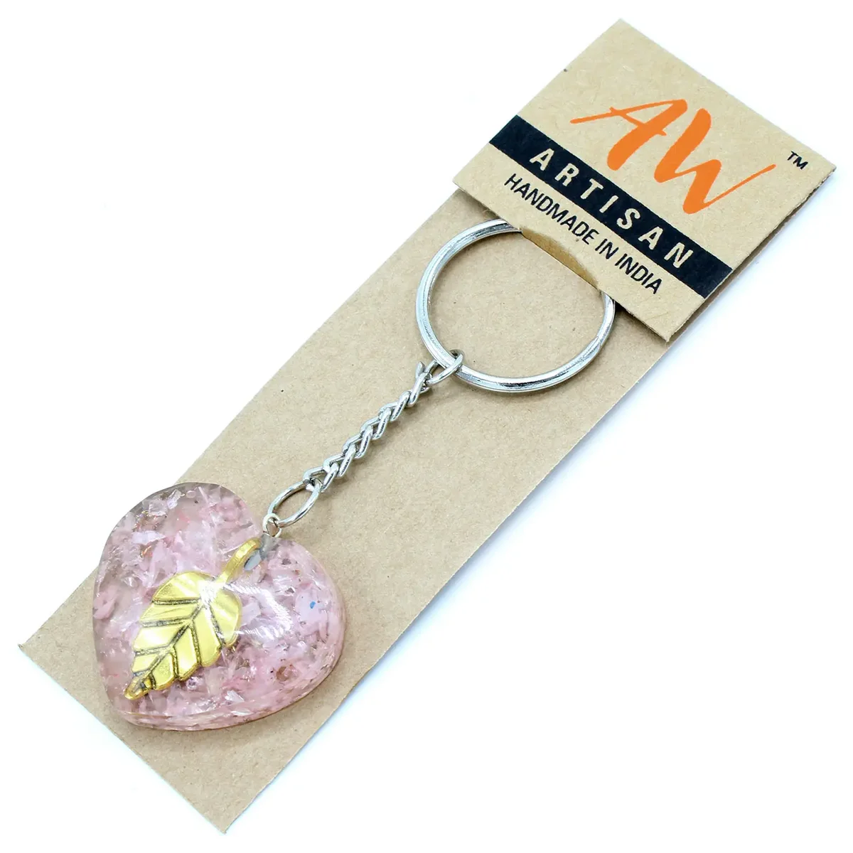 Orgonite power keyring with rose quartz hearts and golden leaf detail on a silver keyring loop rose quartz keyring