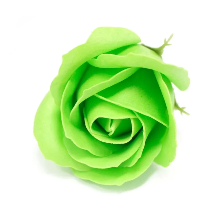 Bright green medium rose craft soap flower with delicate petals, realistic soft shape, showcased on a clean background.