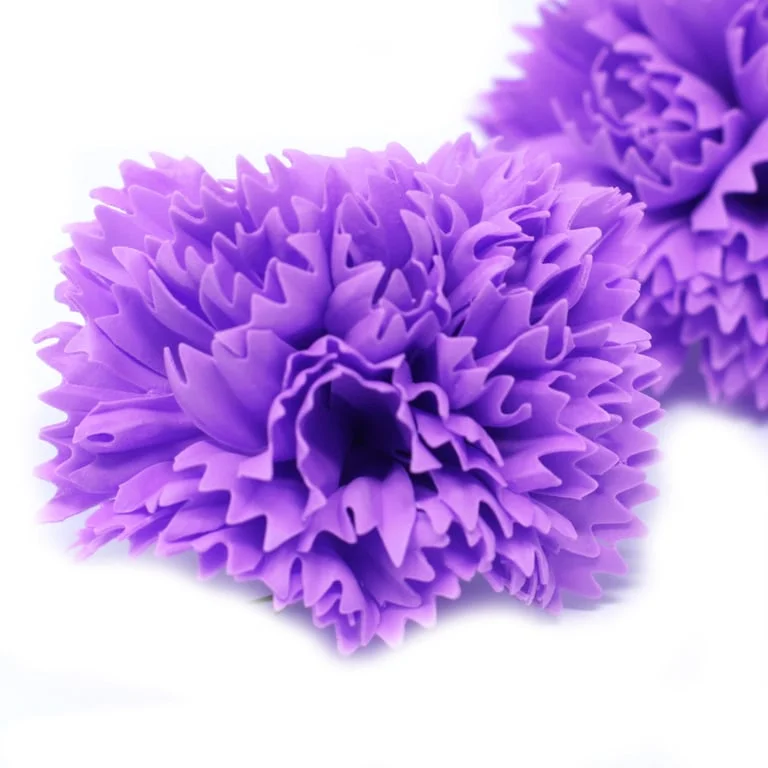 Violet craft soap flowers shaped like carnation blossoms